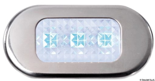 Wodoszczelna lampka kajutowa z przeświecającego poliwęglanu. Wersja ramka z wybłyszczanej stali inox. Kolor diody LED Niebieska - Kod. 13.181.03 3