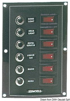 Panel nylonowy z podświetlanymi wyłącznikami kołyskowymi - Horizontal control panel w. 6 switches - Kod. 14.103.32 8
