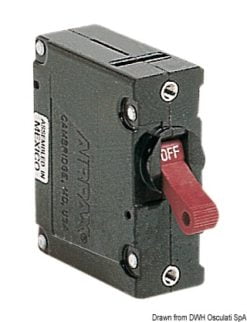 Wyłącznik dźwigienkowy magnetyczno-hydrauliczny AIRPAX, z automatycznym bezpiecznikiem resetowalnym. Wyłącznik z niewystającą dźwigienką - montaż pionowy. 20A - Kod. 14.739.20 5