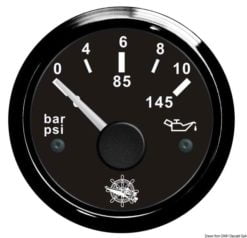 Wskaźnik ciśnienia oleju 0-10 bar Tarcza czarna, ramka polerowana 12|24 Volt - Kod. 27.321.11 12